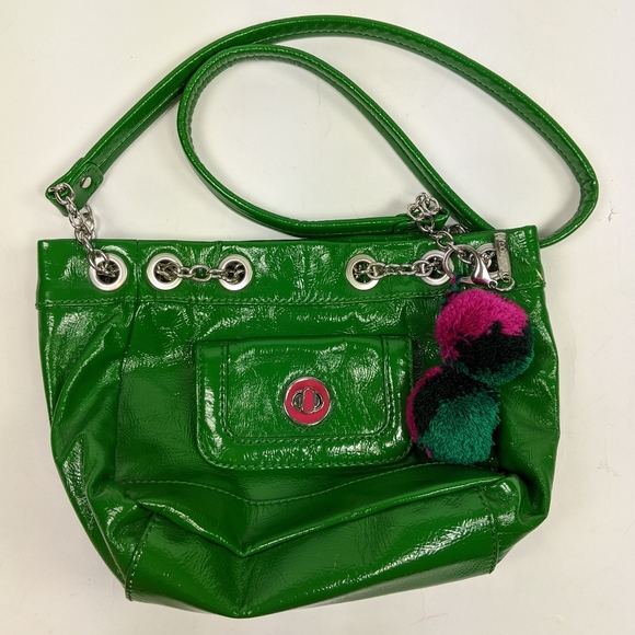 Teen Vogue Green Pink Pom Pom Chain Purse Shoulder Bag Funky Bright Fun - Picture 2 of 8